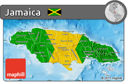 Flag Map of Jamaica, shaded relief outside, bathymetry sea, flag aligned to the middle