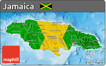 Flag Map of Jamaica, shaded relief outside, bathymetry sea, flag aligned to the middle