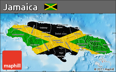 Flag Map of Jamaica, shaded relief outside, flag rotated