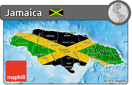 Flag Map of Jamaica, single color outside, bathymetry sea, shaded relief sea, flag rotated