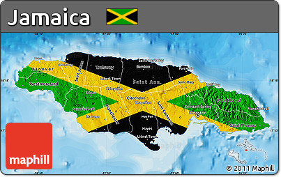 Flag Map of Jamaica, single color outside, bathymetry sea, shaded relief sea, flag rotated