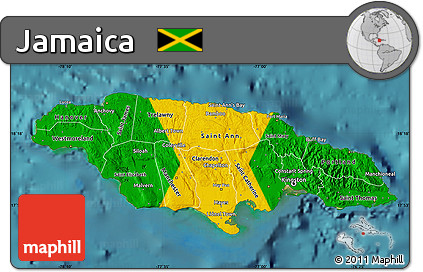 Flag Map of Jamaica, single color outside, satellite sea, flag aligned to the middle
