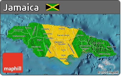 Flag Map of Jamaica, single color outside, satellite sea, flag aligned to the middle