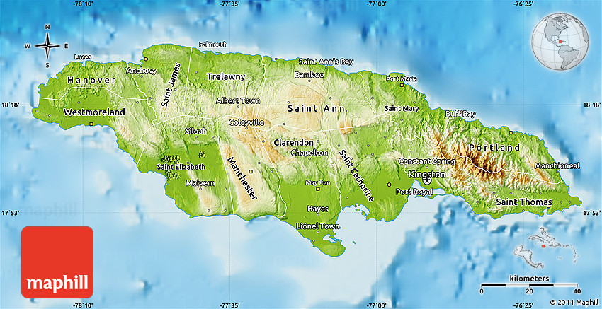 Physical Map Of Jamaica Showing Mountains – The World Map