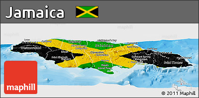 Flag Panoramic Map of Jamaica, physical outside, bathymetry sea, flag centered