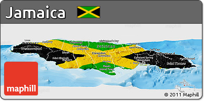 Flag Panoramic Map of Jamaica, physical outside, bathymetry sea, flag centered