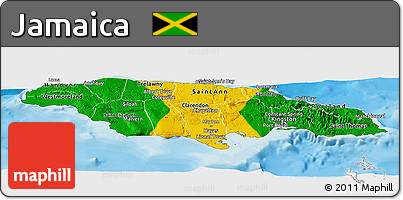 Flag Panoramic Map of Jamaica, satellite outside, bathymetry sea, flag aligned to the middle