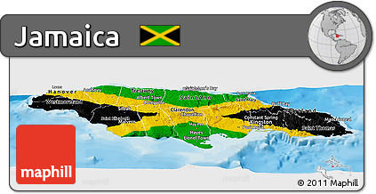 Flag Panoramic Map of Jamaica, shaded relief outside, bathymetry sea