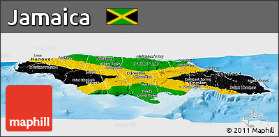 Flag Panoramic Map of Jamaica, shaded relief outside, bathymetry sea