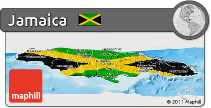 Flag Panoramic Map of Jamaica, shaded relief outside