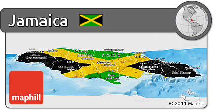 Flag Panoramic Map of Jamaica, single color outside, bathymetry sea, shaded relief sea, flag centered
