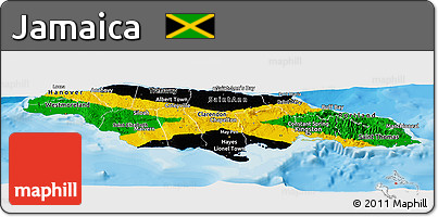 Flag Panoramic Map of Jamaica, single color outside, bathymetry sea, shaded relief sea, flag rotated