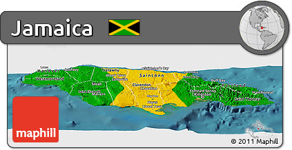 Flag Panoramic Map of Jamaica, single color outside, satellite sea, flag aligned to the middle