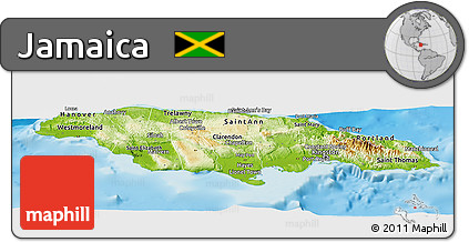 Physical Panoramic Map of Jamaica, political shades outside, shaded relief sea
