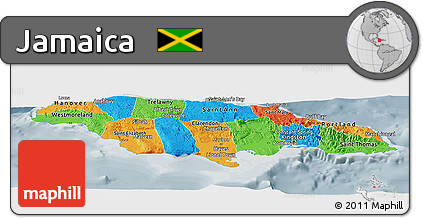 Political Panoramic Map of Jamaica, semi-desaturated