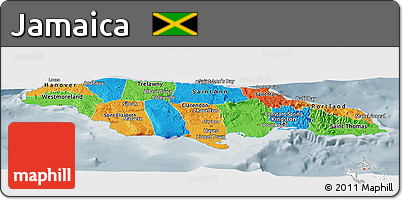 Political Panoramic Map of Jamaica, semi-desaturated