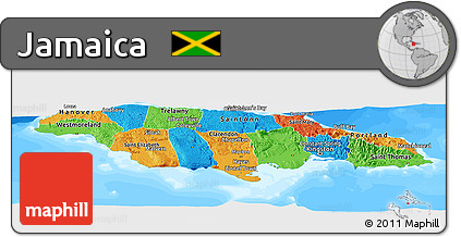 Political Panoramic Map of Jamaica, single color outside, bathymetry sea