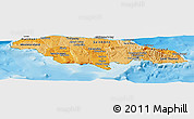 Political Shades Panoramic Map of Jamaica, satellite outside, bathymetry sea