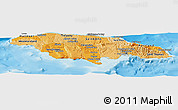 Political Shades Panoramic Map of Jamaica, shaded relief outside, bathymetry sea