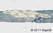 Shaded Relief Panoramic Map of Jamaica, darken, semi-desaturated