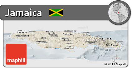 Shaded Relief Panoramic Map of Jamaica, lighten, semi-desaturated