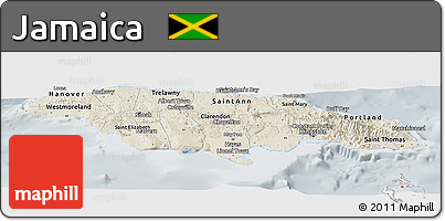 Shaded Relief Panoramic Map of Jamaica, lighten, semi-desaturated