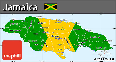 Flag Simple Map of Jamaica, single color outside, borders and labels, flag aligned to the middle