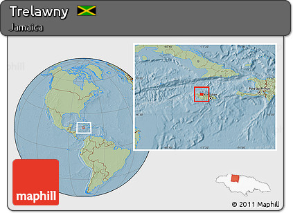 Savanna Style Location Map of Trelawny, within the entire country, hill shading