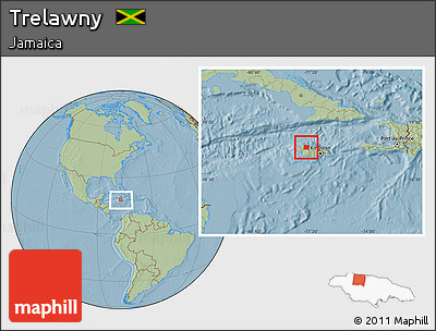 Savanna Style Location Map of Trelawny, within the entire country, hill shading