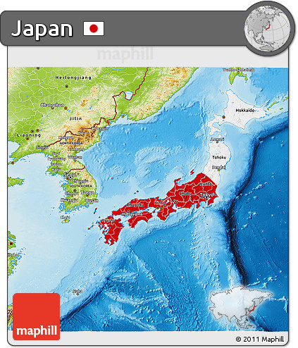 Flag 3D Map of Japan, physical outside, flag rotated