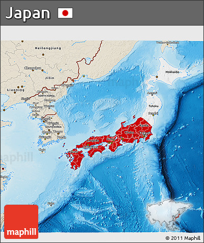 Flag 3D Map of Japan, shaded relief outside, flag rotated