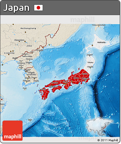 Flag 3D Map of Japan, shaded relief outside, flag rotated