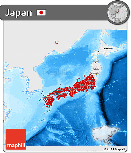 Flag 3D Map of Japan, single color outside, bathymetry sea, flag centered