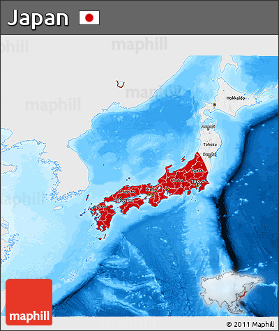 Flag 3D Map of Japan, single color outside, bathymetry sea, flag centered