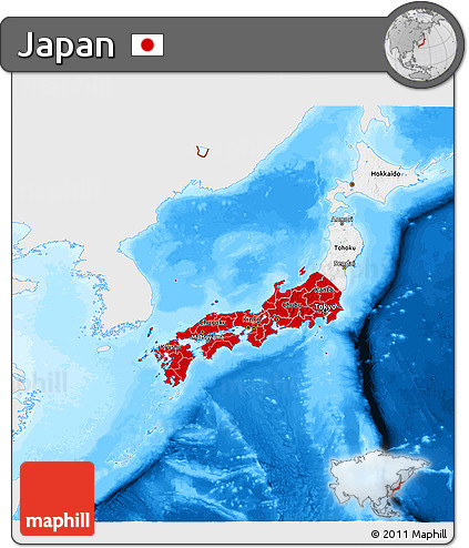 Flag 3D Map of Japan, single color outside, bathymetry sea, flag rotated
