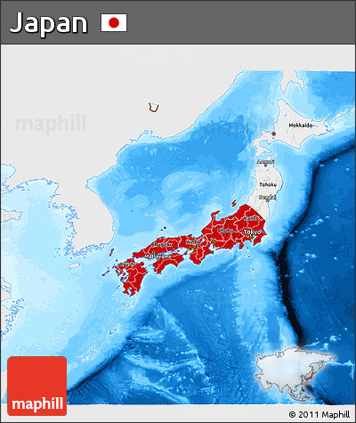 Flag 3D Map of Japan, single color outside, bathymetry sea, flag rotated