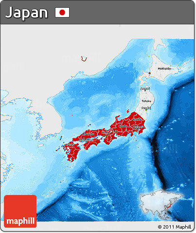 Flag 3D Map of Japan, single color outside, bathymetry sea, flag rotated