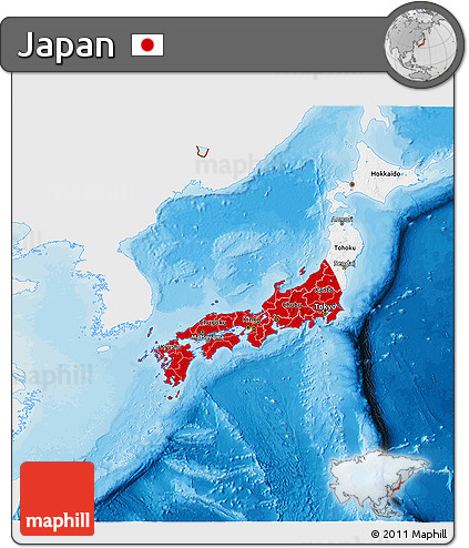 Flag 3D Map of Japan, single color outside, bathymetry sea, shaded relief sea, flag centered