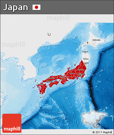 Flag 3D Map of Japan, single color outside, bathymetry sea, shaded relief sea, flag aligned to the middle