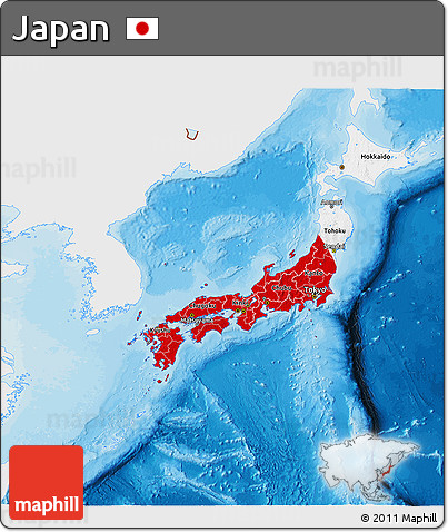 Flag 3D Map of Japan, single color outside, bathymetry sea, shaded relief sea, flag aligned to the middle