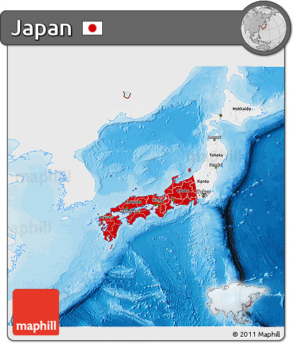 Flag 3D Map of Japan, single color outside, bathymetry sea, shaded relief sea
