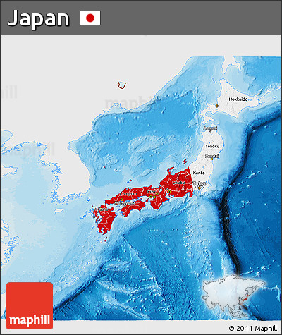 Flag 3D Map of Japan, single color outside, bathymetry sea, shaded relief sea