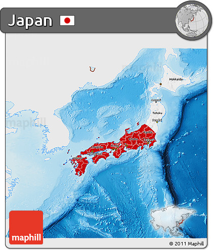 Flag 3D Map of Japan, single color outside, shaded relief sea, flag rotated