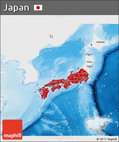 Flag 3D Map of Japan, single color outside, shaded relief sea, flag rotated