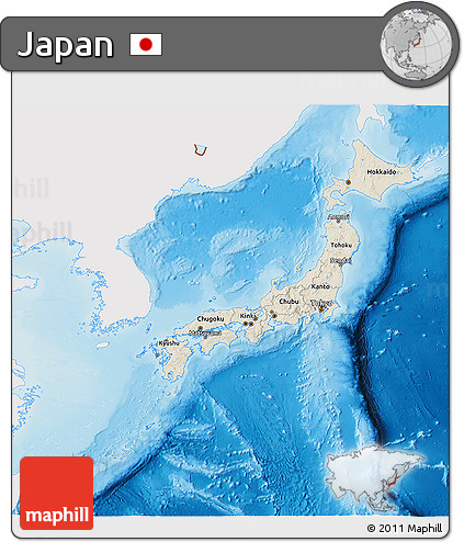 Shaded Relief 3D Map of Japan, single color outside