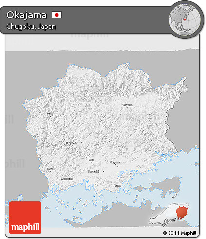 Gray 3D Map of Okajama, single color outside