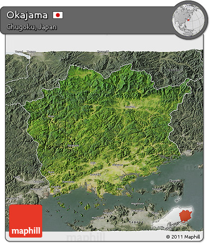 Satellite 3D Map of Okajama, semi-desaturated