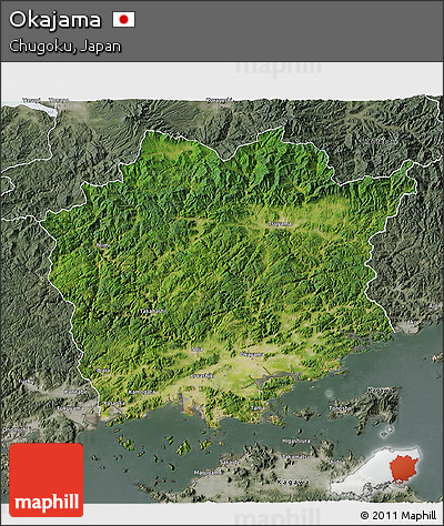 Satellite 3D Map of Okajama, semi-desaturated