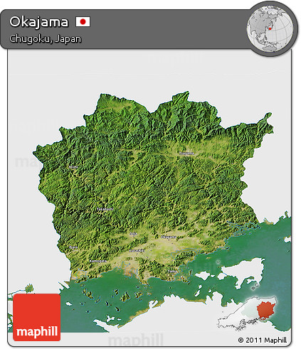Satellite 3D Map of Okajama, single color outside