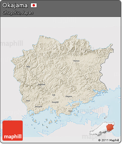 Shaded Relief 3D Map of Okajama, single color outside